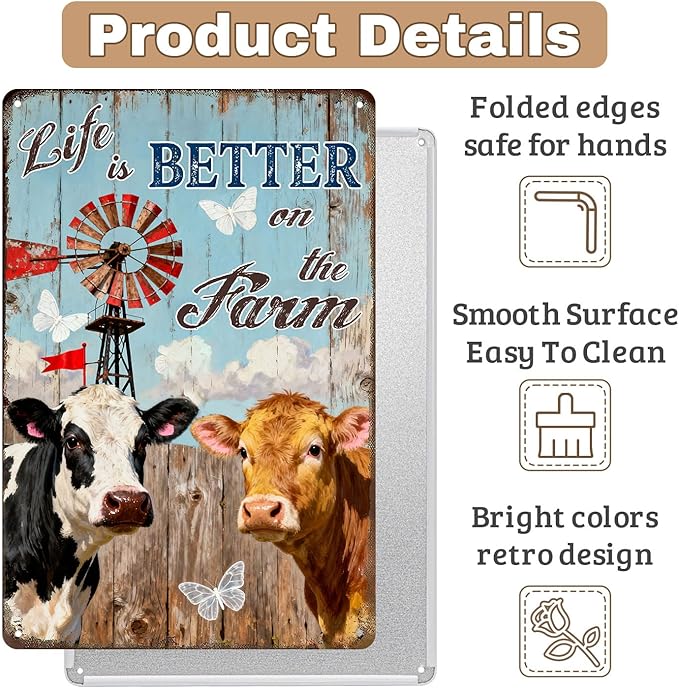 Farmhouse Tin Sign Life Is Better On The Farm Rustic Metal Wall Art Decor For Home Kitchen Farm Barn Vintage Cow Sign 8x12 Inch