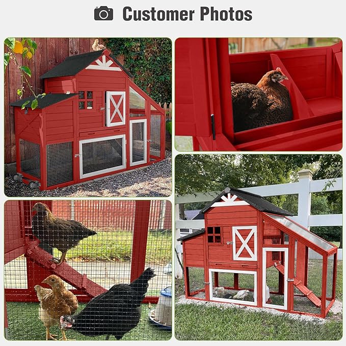 Mobile Chicken Coop with Run, Large Wooden Hen House Poultry Cage with Wheels, Nesting Box, Pull-Out Tray, Waterproof Roof, Red, 73.4" L x 27.9" W x 43.2" H, for 3-5 Chickens