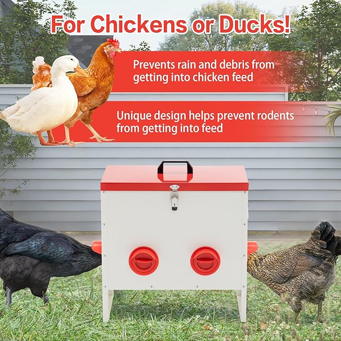 Automatic Metal Chicken Feeder Large Capacity 85 Lbs, No Waste 6-Ports Weather-Resistant & Animal-Proof Gravity Poultry Feeder for Chickens, Geese, Ducks, Turkeys, Quails