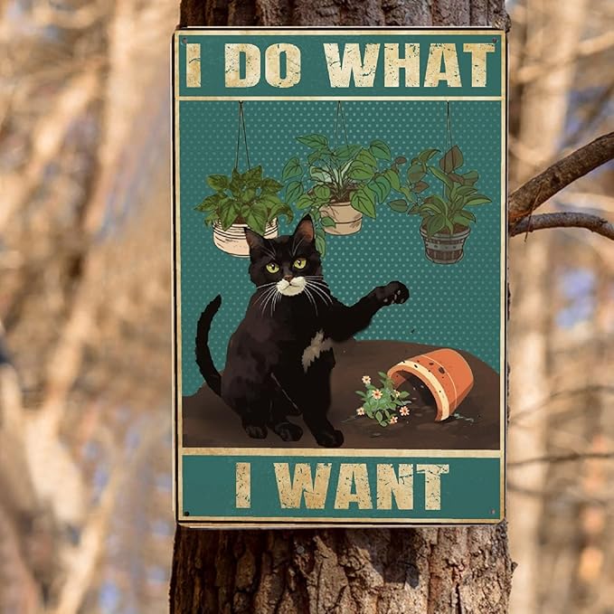 Black Cat I Do What I Want Vintage Metal Poster Sign Decor-Retro Aluminum Metal Tin Sign for Home Wall Decor, Bathroom, Toilet, Signs Gift,12''x 8''