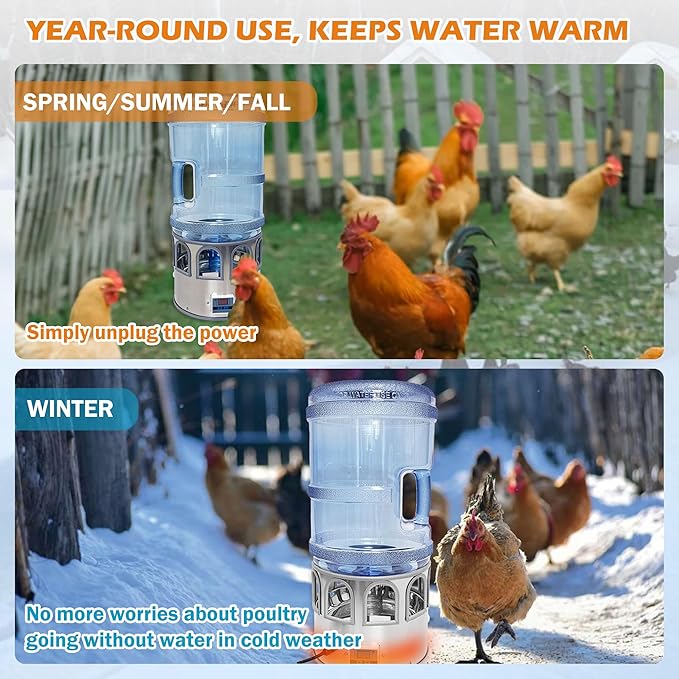 5 Gallon Heated Chicken Waterer Poultry Water Heater for Winter Stainless Steel Adjustable Temperature 8 Drinking Ports Heated Water Bowl for Chickens Ducks Geese Pigeons