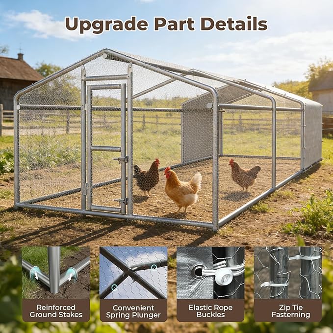 Large Metal Chicken Coop, Chicken Run for 20-30 Chickens, Heavy Duty Walk-in Poultry Cage with Waterproof Anti-UV PE Cover for Ducks Rabbits Geese, 19.5x9.7x6.4ft