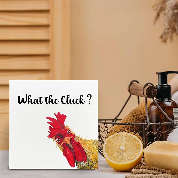 Funny Rooster Wooden Box Sign - Rooster Kitchen Decor, Rooster Decor, Rustic Farmhouse What the Cluck Rooster Wooden Box Sign for Home Shelf Desk Table 5x5 Inch