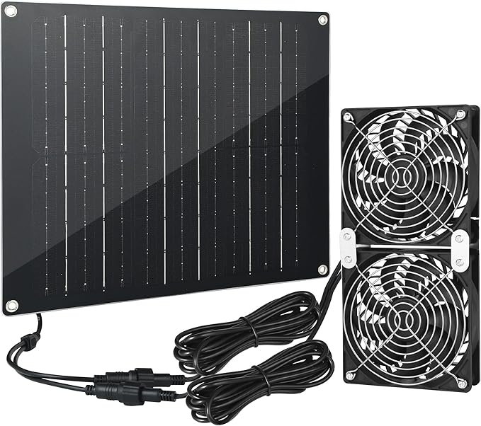 Solar Powered Fan, Solar Panel Fan 33W Solar Fan Panel with 2 IPX7 Weatherproof Fans Suitable for Outdoor Backyard Chicken Coops, Greenhouses, Shed Kennels, Pet Homes, Gardens