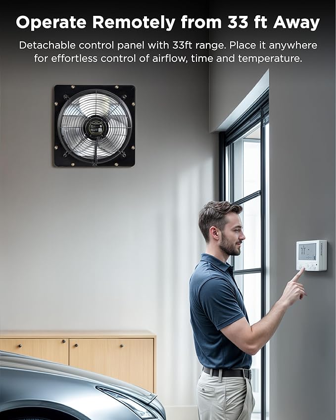 InoKraft Shutter Exhaust Fan with Wireless Control Panel, 16'' Wall Mount Attic Fan with Temperature Controller, 2800 CFM, 8-Speed Adjustable, Ventilation for Attic, Garage, Greenhouse, Chicken Coop