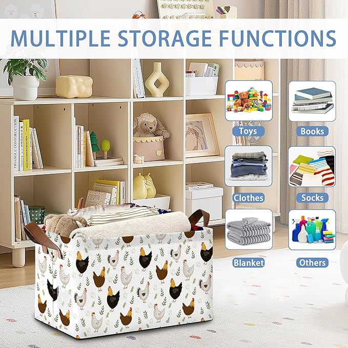 Roosters Chicken Storage Basket with Handles,Fern Plants Collapsible Rectangle Organizer Bin for Room Decoration Books Box Baskets 17x11.5x10Inch