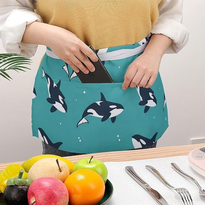 Unisex Apron for Cooking Server Waitress Half Waist Apron with 3 Pockets