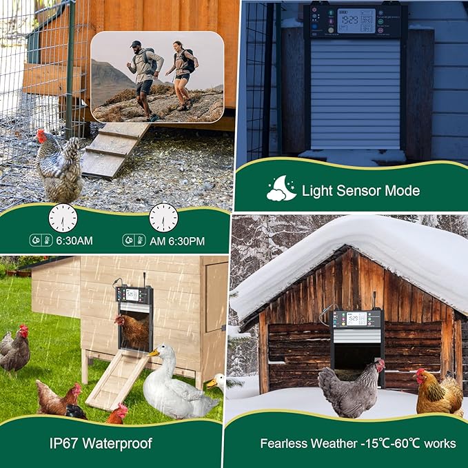 Smart Automatic Coop Door with App, Door Status Monitoring & WiFi Auto Connect, Solar Chicken Door Opener, Anti-Pinch Safety, Light Sensor, Timer, 4000mAh Battery Roll-Up Chicken Door for All Coops
