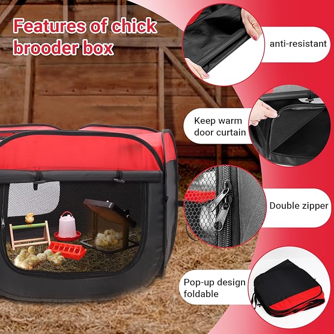 Brooder Box for Chicks Starter Kit, Pop up and Breathable Chicken Brooders, Collapsible Brooding Box/Playpen with 10 x 10in Brooder Plate, Chicken Waterer, Feeder, Perch for Duck, Quail