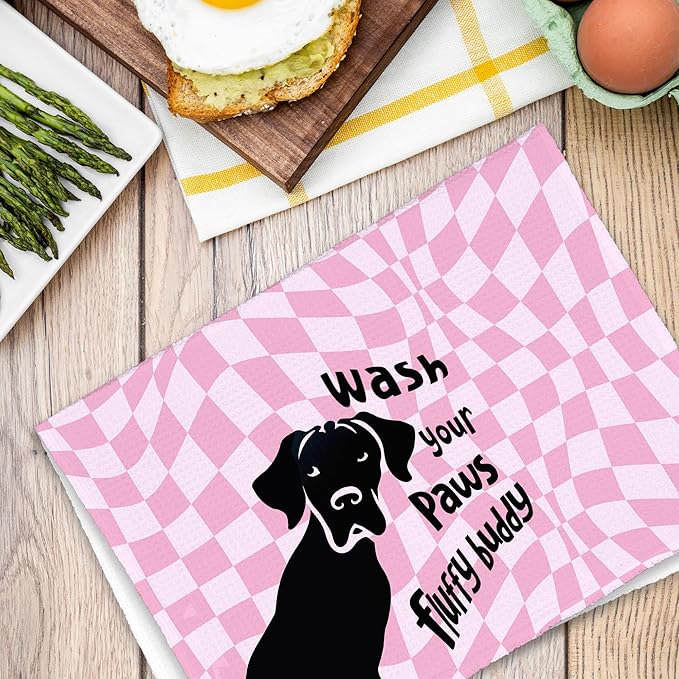 Pink Cute Dog Labrador Bathroom Kitchen Towels, Checkered Wash Your Paws Hand Towel for Bathroom, Funny Gifts for Dog Lovers, Trendy Preppy Dish Towels Decor for Dorm Girly Room 16x24in