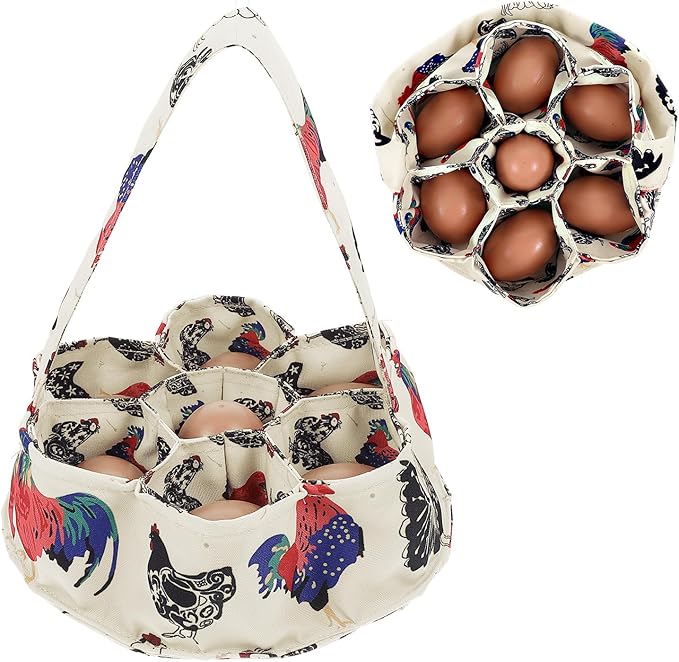 Egg Collecting Basket, 7 Pouches Chicken Eggs Basket for Gathering Fresh Chick Egg Holder Countertop Gifts for Duck Goose Carton Carrier - Beige Canvas