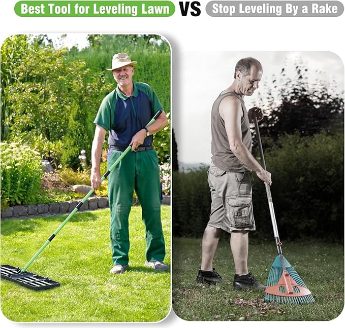 Lawn Leveling Rake 30x10 inch,Stainless Steel Lawn Leveler with Green Positioning Stakes,78" Adjustable Long Handle,Heavy Duty Level Lawn Tool for Backyard, Garden, Golf Course, Farm, Pasture