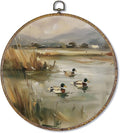Fewgb Mallard Duck Round Wall Art Decor Framed, Vintage Country Landscape Canvas Wall Art Prints Picture, Rustic Farmhouse Farmhouse Hanging Room Decor Artwork for Gallery Bedroom Nursery 10x10