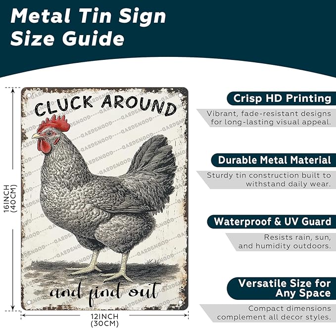 Cluck Around And Find Out Chicken Tin Sign For Chicken Coop Home Yard Outdoor Chickens Plaque Wall Decor Art 16x12 Inch