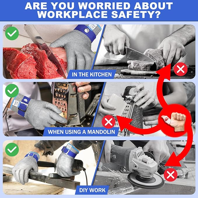 2 Pcs Level 9 Cut Resistant Gloves, Food Grade for Stainless Steel Mesh Metal Glove Touch Screen, Kitchen Cooking Gloves for Women and Men, for Butcher Meat Cutting Oyster Shucking, Size: 8/Medium