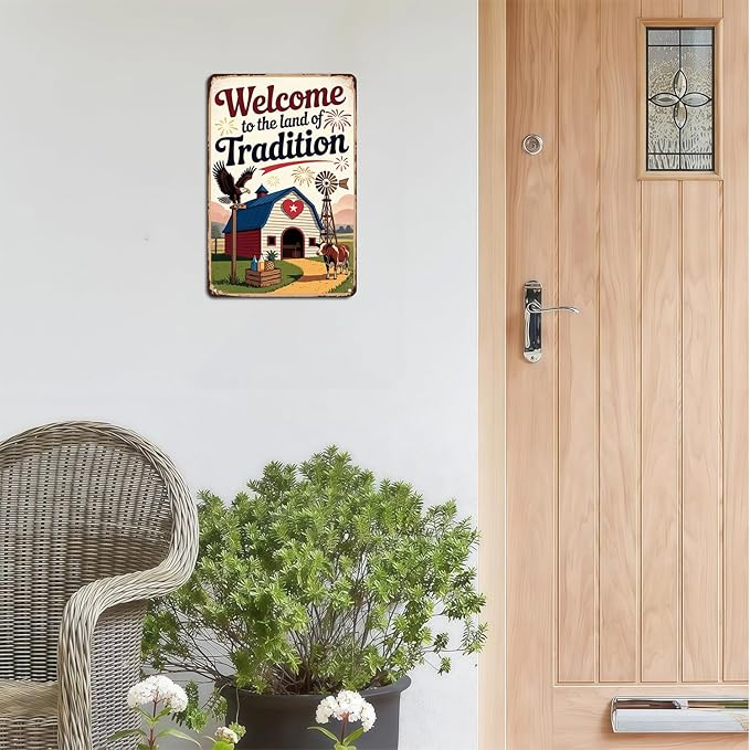Farmhouse Welcome To the Land of Tradition tin sign Vintage Country Farm Metal Sign Print Aesthetic for Garden Yard Bar Porch Home Bedroom Kitchen Wall Decor Decor Gift 8 x 12 Inches