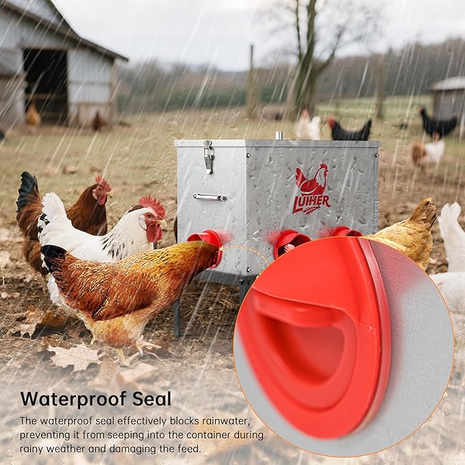 LUIHER Chicken Food Dispenser 40lb 6 Ports Large Capacity Galvanized Metal Poultry Feeder with Legs and Lids - Reduces Refilling Frequency - No Waste Chicken Feeding Equipment for Hen Coop