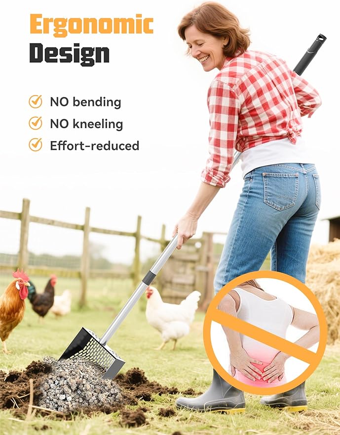 Chicken Poop Scooper & Rake, Metal Sifting Shovel 10" Wide Metal Head, Adjustable Handle to 74", Chicken Coop Scooper with Adjustable Handle for Chicken Coop & Pet Waste Cleaning