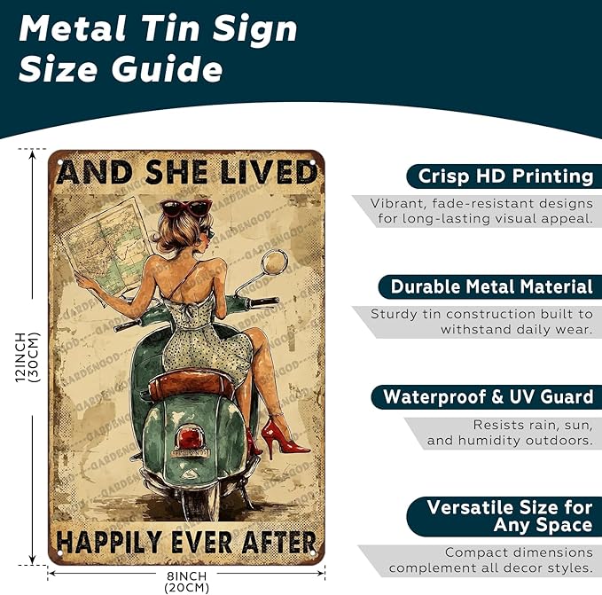 And She Lived Happily Ever After Motorbike Ancient Bike Metal Wall Art Metal Signs For Decor Vintage Wall Decor 12x8 Inch
