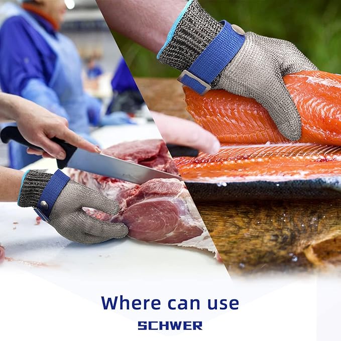 Schwer SlicePro ANSI A9 Cut Resistant Glove PR1706, Stainless Steel Mesh Metal Glove, Food Grade for Kitchen Cooking, Butcher Meat Cutting, Oyster Shucking, Mandoline, Fishing, (S, 1 Pair)