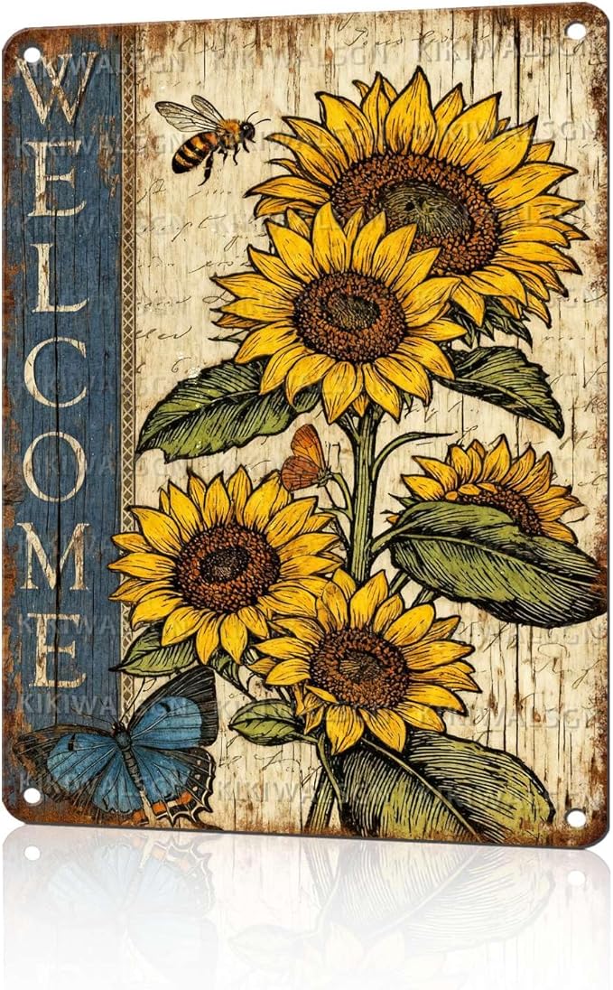 Vintage Sunflower Tin Sign Welcome Retro Garden Metal Sign Rustic Nostalgic Wall Decor For Home Garden Plaque Yard Bar Farmhouse Porch Living Room Cafe Kitchen 16 * 12 In