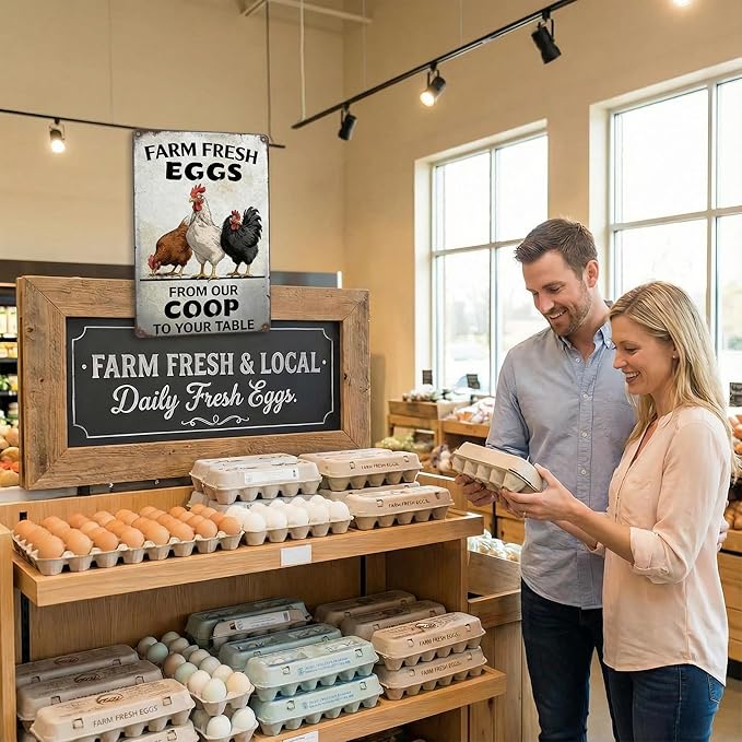 Farm Fresh Eggs Vintage Metal Sign 8x12 Inches - From Our Coop To Your Table, Rustic Chicken Coop Decor, Retro Farmhouse Kitchen Wall Art, Funny Chicken Lover Gift for Home, Bar, Cafe, Garage