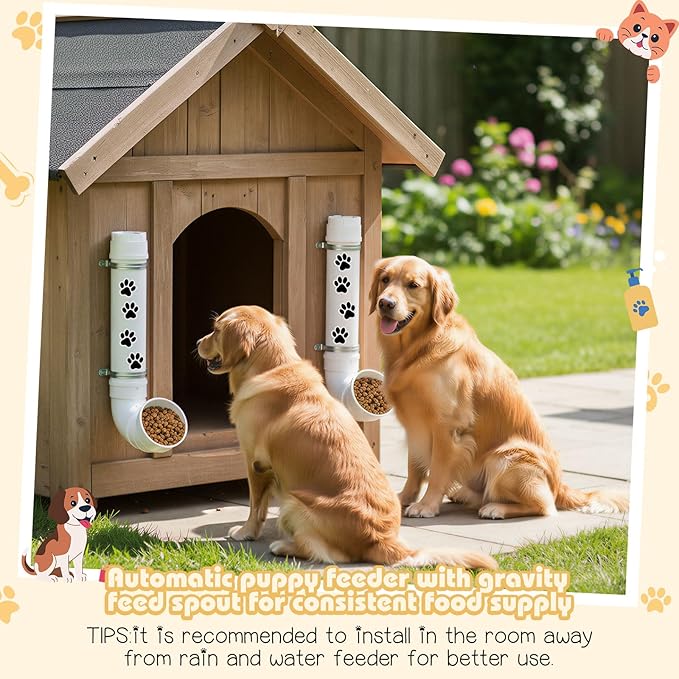 Gravity Dog Self Feeder with Puppy Paw Print Stickers 6 Pounds Large Capacity Hanging Pet Feeding Automatic Dispenser PVC Pipe Feeder for Cat Chicken Turkeys Indoor & Outdoor Use