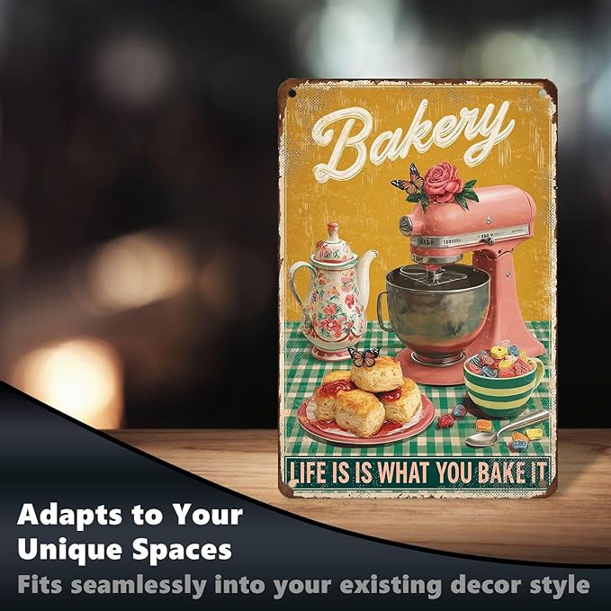 Retro Baking Metal Plaque Life Is What You Bake It Sign Farmhouse Wall Decor Aluminum Tin Sign Bread Pastry Art Kitchen Diner 8x12Inch