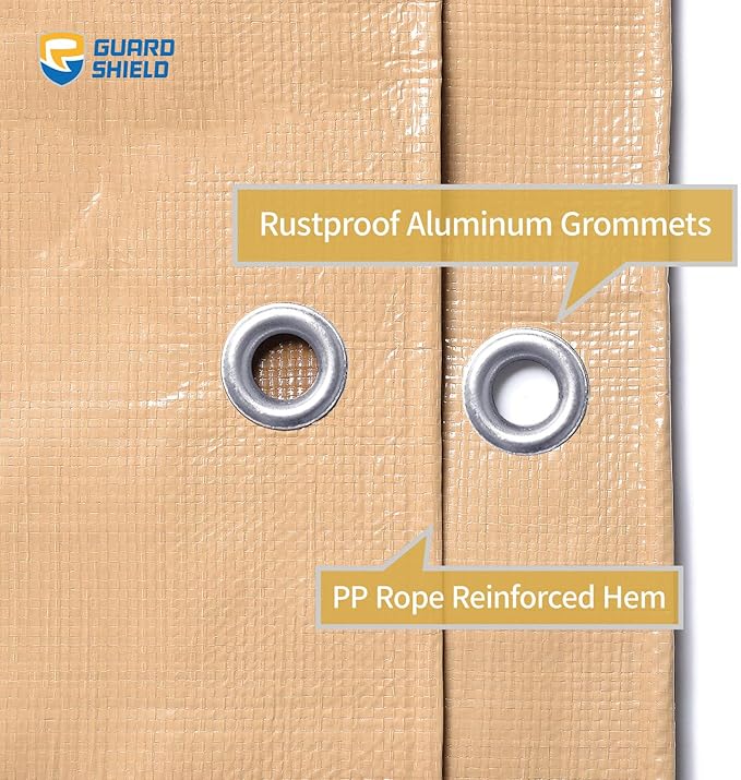 GUARD SHIELD Beige Tarps Heavy Duty Plus+ Waterproof 10x10 Feet, 12mil Large Tarp with Reinforced Grommets, Outdoor Cover for Roof, Car, Boat, Truck and Ground Pool