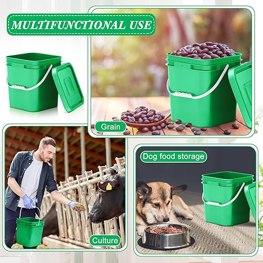 Mumufy 5 Pcs 3.5 Gallon Square Food Grade Bucket with Lid Square Bucket Pail Plastic Handles for Long Term Food Storage, Camping, Fishing, Home Organization Easy Stack and Store (Green)