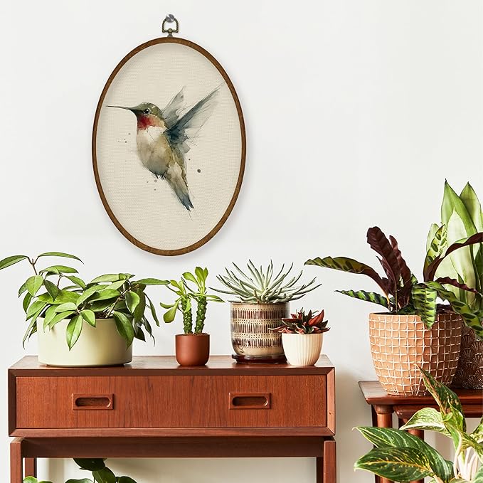 WULQYING Vintage Hummingbird Wall Art Decor, Rustic Farmhouse Bird Oval Framed Canvas Art Prints, Neutral Cottagecore Hummingbird Bird Wall Hanging Decor for Home Bedroom Living Room, 8.6x11.4 Inches