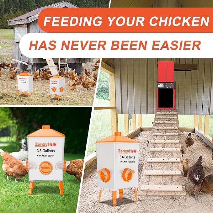 DIY Chicken Feeders No Waste, 4 Ports Poultry Feeder with Hole Saw for Buckets Troughs Orange