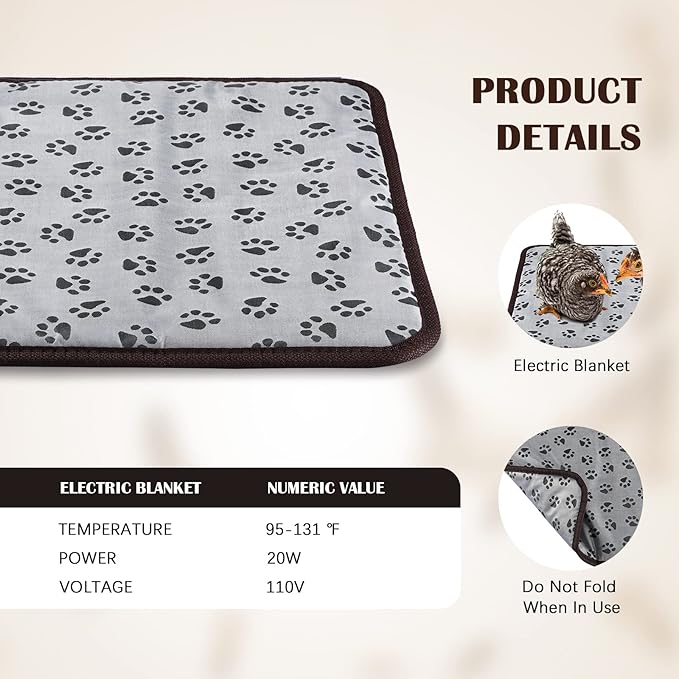 Heating Pad for Chicken Coop Rabbit Heater 110v Power 20w Electric Heated Mat Heated Bed Adjustable Pad Outdoor for Small Pet Cat Dog Guinea Pig Blankets Warming Bed Mats with Chew Resistant Cord