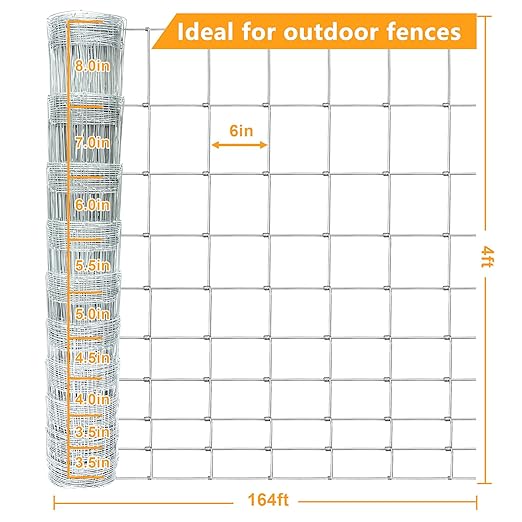 4ft x 164ft Galvanized Farm & Field Fence - Heavy Duty Animal Wire Mesh for Cattle, Goat, Deer, Sheep, Hog, Horse - Durable Yard Livestock Protection Fencing