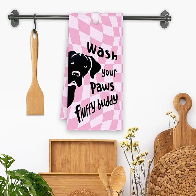 Pink Cute Dog Labrador Bathroom Kitchen Towels, Checkered Wash Your Paws Hand Towel for Bathroom, Funny Gifts for Dog Lovers, Trendy Preppy Dish Towels Decor for Dorm Girly Room 16x24in