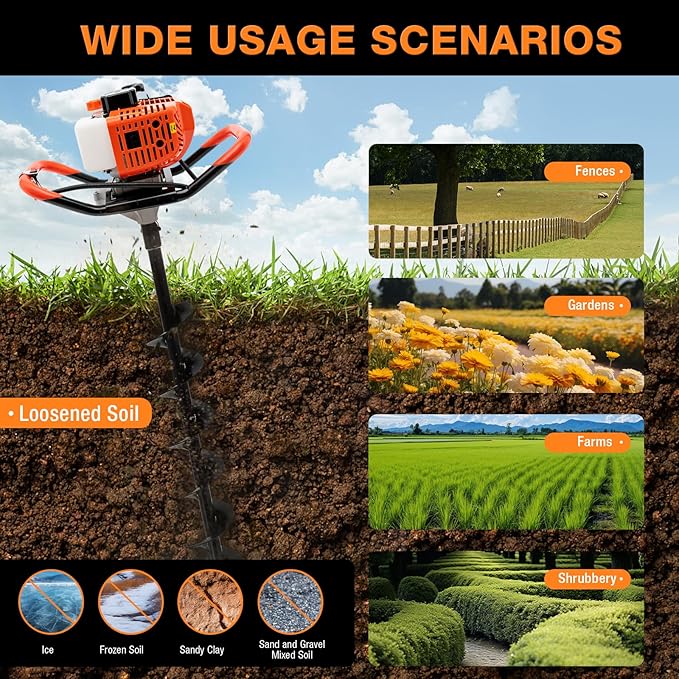 52CC 2-Stroke Post Hole Digger, Ground Drilling Machine Kit with 4"/6/"8" Auger Drill Bits, Fence Earth Auger Digging Machine, Gas Powered Post Hole Digger Set Farm Garden Excavator