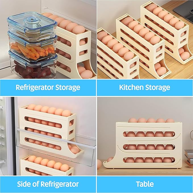 ZAYLAN Egg Holder for Fridge, Auto Rolling Egg Roller/Dispenser/Organizer/Storage Container, Space-Saving 4-Tier Egg Tray for 28 Eggs, Refrigerator, Kitchen & Countertop with Flower Egg Cutter (Cream)
