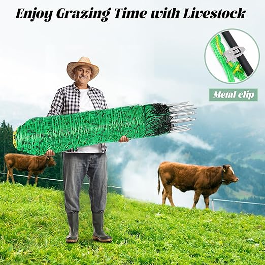 Rengue Electric Fence Netting, 42.5" x 164' Electric Netting Fence, PE Portable Electric Netting with 14 Posts Double Spiked for Goats, Sheep, Lambs in Backyards, Ranches and Farms