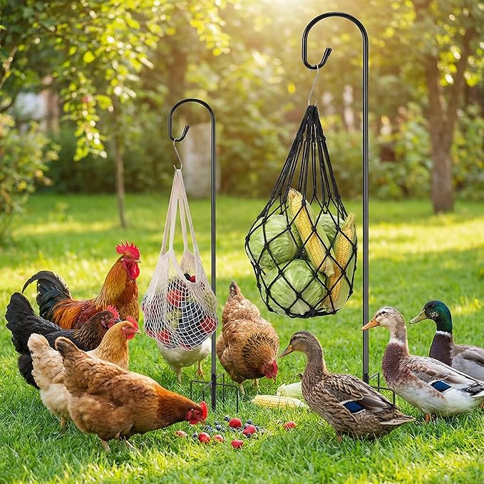 10 Pcs 2 Sets Hanging Chicken Feeder Chicken Coop Toys Accessories Include Dual Size Poultry Vegetable Fruits String Bag Heavy Duty Shepherd's Hook Veggie Treat Ball for Hen Goose Duck