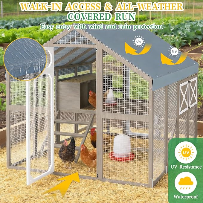 Large Wooden Chicken Coop, Walk-in Chicken Run with Waterproof Cover, Large Poultry Cage for Yard Farm Backyard Hen House, Duck Coop and Rabbit Run with Nesting Boxes, for 8–12 Chickens