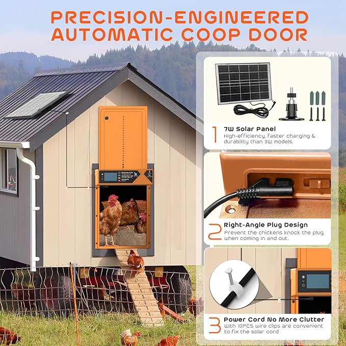 Large Automatic Chicken Coop Door, 4000mAh High Capacity Chicken Coop Door 7W Solar Powered with Timer & Light Sensor, Anti-Pinch Auto-Aluminum Chicken Door with Wire Clip & Remote Control-Orange