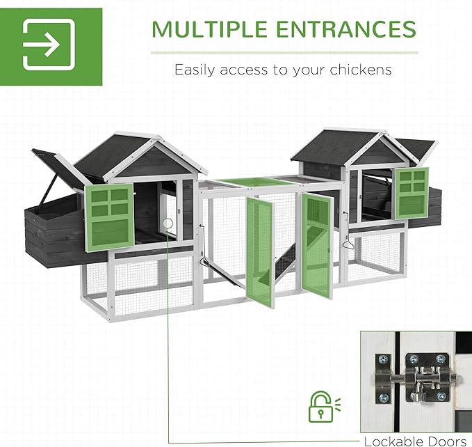 PawHut Dual Wooden Chicken Coop with Garden Bed, Large Outdoor Hen House with Nesting Boxes Removable Trays, Ramps Run, for Garden Backyard, 123" x 27.5" x 42.5", Dark Gray