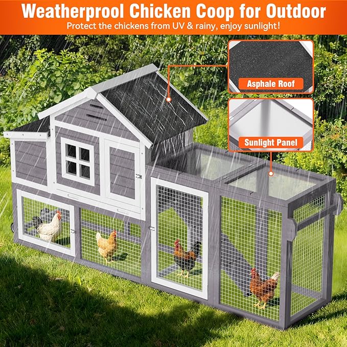 Chicken Coop for Outdoor, Mobile Poultry Cage with Wheels, Nesting Box, Weatherproof Roof and Leakproof Pull-on Tray for 4-6 Chickens, 78.7" L x 21.5" W x 43.7" H (Grey)