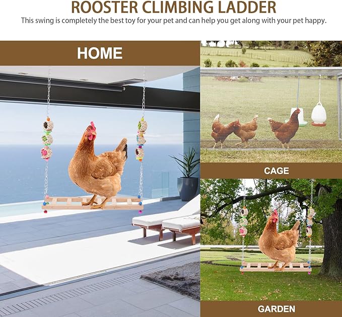 Totority Rooster and Hen Hanging Wooden Chicken Swing with Ladder Climbing Rack Natural Wood Pet Bird Accessory for Coop Play and Exercise Random Color