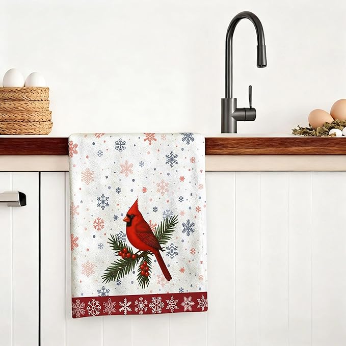 Christmas Kitchen Towels, Cardinal Winter Kitchen Decor Dish Towels Set Of 4, Cardinal Gifts for Women Friends Mom Wife, Absorbent Holiday Tea & Hand Towel Dish Cloths for Drying Baking Cooking