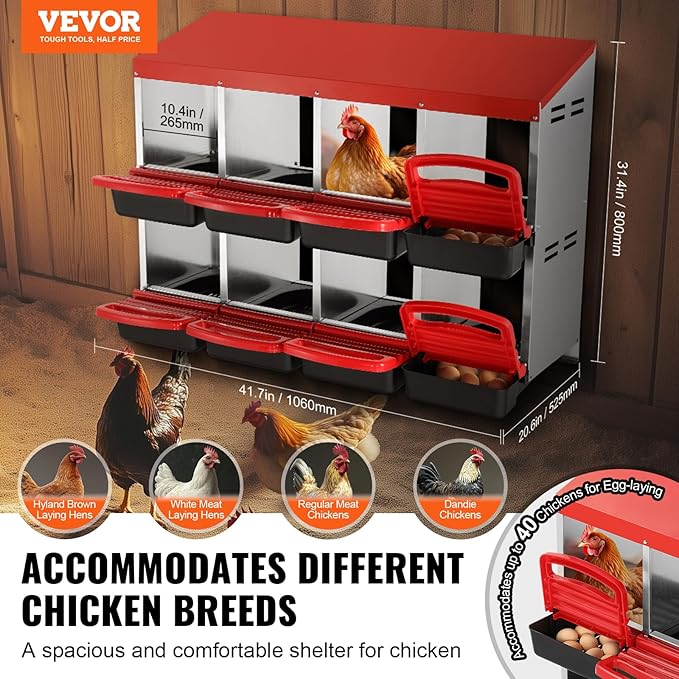 VEVOR Chicken Nest Box, 8-Compartment, 30 to 45 in Stable & Corrosion-Resistant Metal Nesting Boxes with Inclined Nesting Boxes, Bottom Holes & Resting Platform, Fit for Different Chicken Breeds
