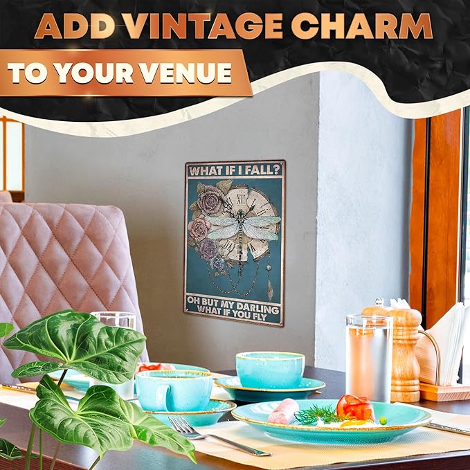 Tin Signs Vintage Retro Dragonfly Wall Art - Metal Signs Vintage Tin Wall Art, 11.81x7.87" Size Steampunk Decor for Home - What If I Fall What If You Fly, Durable and Long-Lasting Sign, Easy to Setup