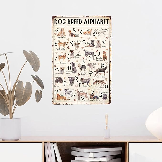 JOCASA Dog Breed Alphabet Vintage Metal Poster Sign Decor-Retro Aluminum Metal Tin Sign for Home Wall Decor, Garden, Bedroom, Signs Gift,12''x 8''