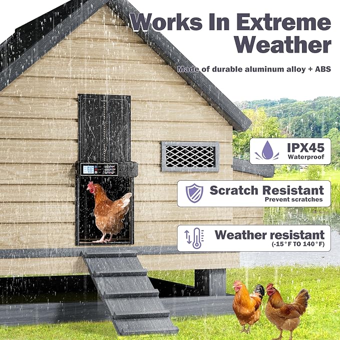 Extra Large Automatic Chicken Coop Door, Battery Powered Chicken Door with Timer & Manual Control, LED Screen, Anti-Pinch & Low Battery Reminder, IPX45 Waterproof Aluminum Auto Electric Chicken Door