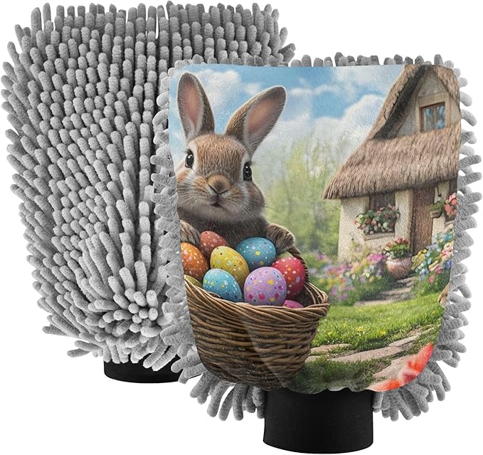 Washing Mitts Car Wash Microfiber Absorbent Chenille Cleaning Pad Car Washing Sponge Scratch Free Cute Bunny Basket Colorful Eggs, Large x 2 Pack
